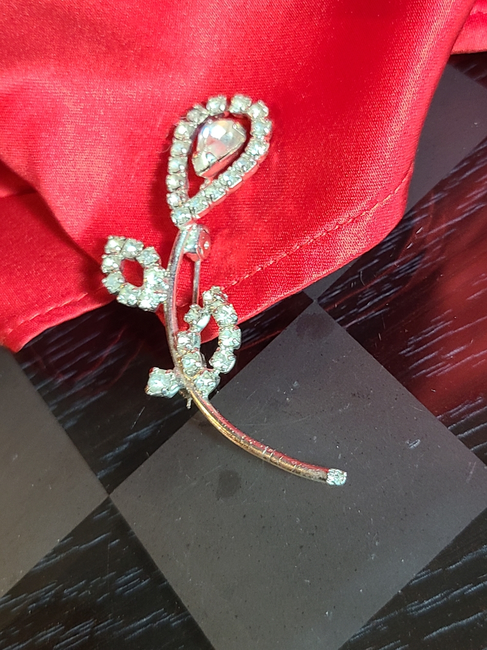 Antique Silver-Tone Clear Crystal Floral Brooch